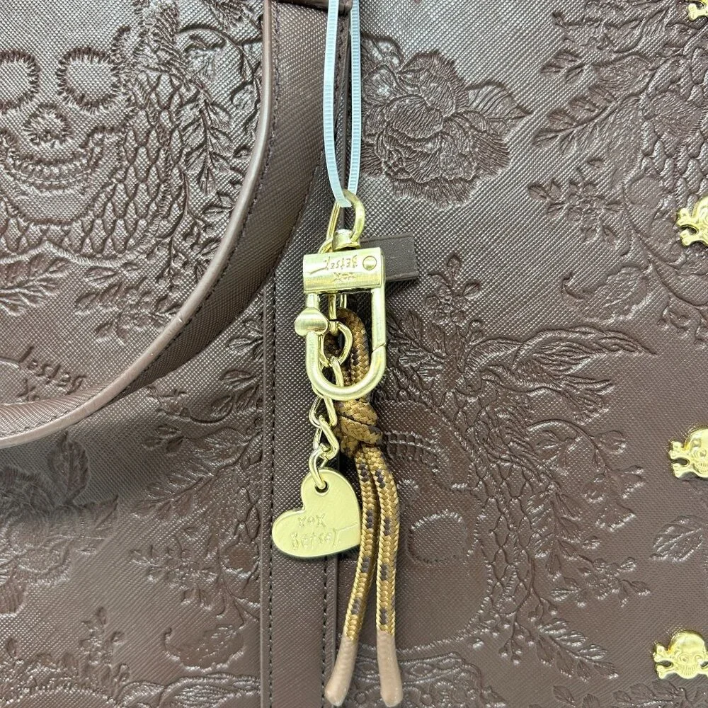 Betsey Johnson Brown Embossed Skull Tote Bag Gold Accents & Detachable Strap - Picture 7 of 12